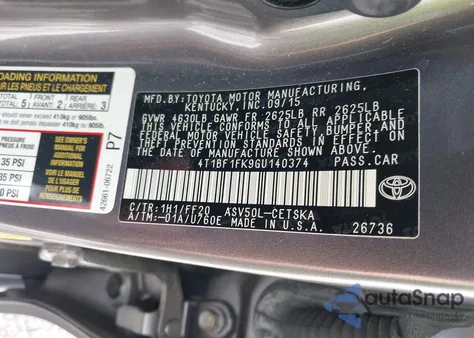 2016 Toyota Camry Se from USA, damaged, VIN 4T1BF1FK9GU140374
